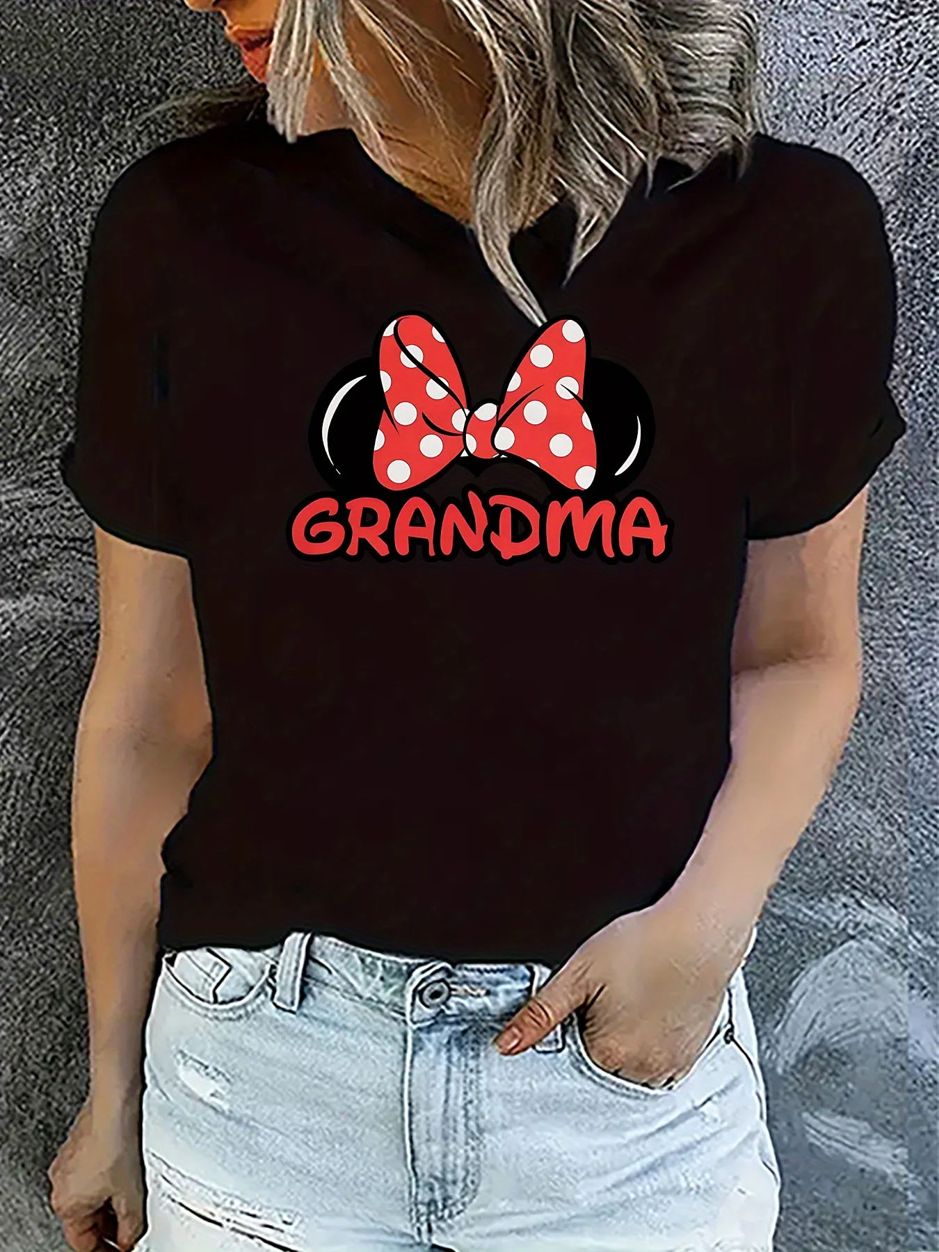 Grandma Bow Graphic Print T-Shirt - Women's Short Sleeve Casual Sports Tee