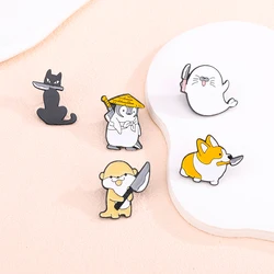 Funny Animal Knife Enamel Pin Black Cat Penguin Corgi Dog Otter Seal Animal Killers Brooches Badges Lapel Jewelry Accessories