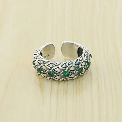 S925 Sterling Silver Jewelry Men's Personality Green Zircon Open Ring Thai Silver Dragon Scale Trendy Punk Food Ring