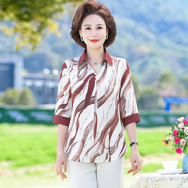 

Women's Clothing new Stripe printing Button Shirt Spring Summer Elegant Fashion Blouse 3/4 Sleeve Loose Tops Office Lady Blusas