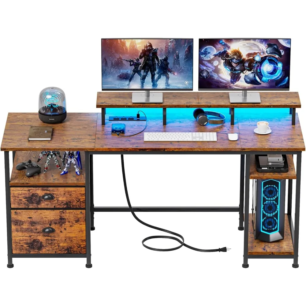 

61 Computer Desk with Power Outlet and LED Lights, Desk with Fabric File Cabinet Drawer, Large Reversible Table with S
