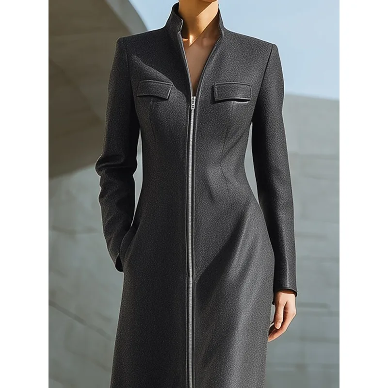 Tinha سترات طويلة من الجلد باللون الرمادي الرسمي للنساء للخريف والشتاء على شكل حرف a ورقبة واقفة وأكمام طويلة وسحاب وحاشية معاطف كلاسيكية من البولي يوريثان 195310