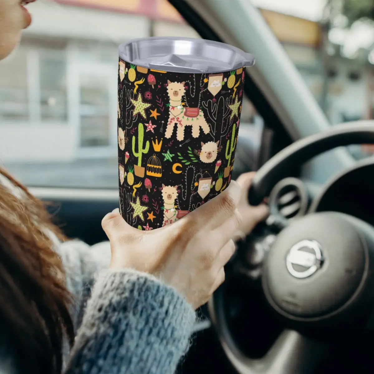 Cute Cactus Alpaca Pattern Stainless Steel Tumbler Vacuum Insulated Mugs Thermal Cold Cups Straws With Lid 20oz