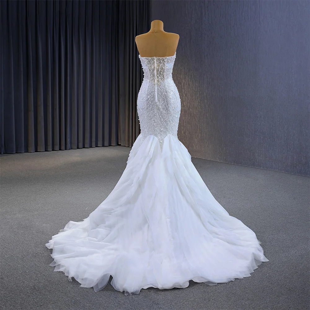 Wunderschöne elegante rsm222116 träger lose Spitze Meerjungfrau Knopf ärmellose Perlen Hochzeits anzüge für Frauen Robe de Mariée