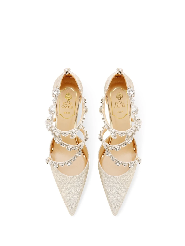 Slender high-heeled sandals spring and summer new pointed hollow gold sequin rhinestone wedding shoes banquet dress women's shoe view 6