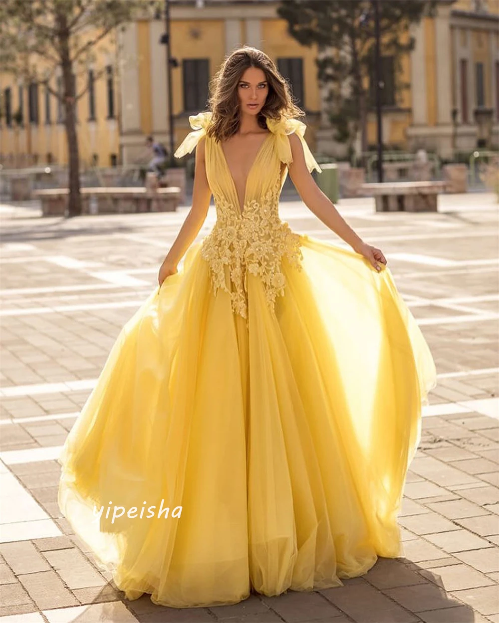 Robe longue drapée en tulle personnalisée avec appliques plissées, robes de soirée A-Line, robes d'occasion sur mesure, col en V, Arabie saoudite