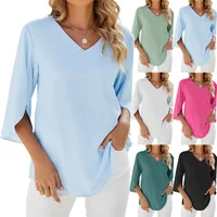 Elegant Solid Color Women's Chiffon Blouses Spring New Fashion Simple V-Neck Pullover Half Sleeve Loose Shirts 2025 Casual Tops 2