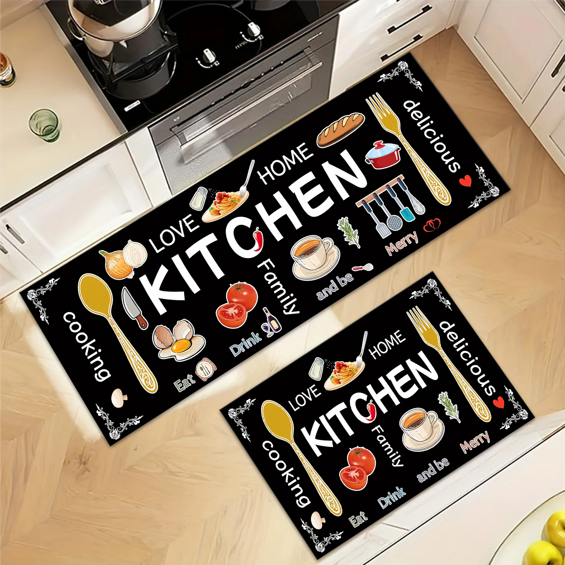 

Kitchen Cutlery Cake Food Pattern Doormat Anti-Slip Home Decor Floor Mat Durable Entrance Mat for Home Use