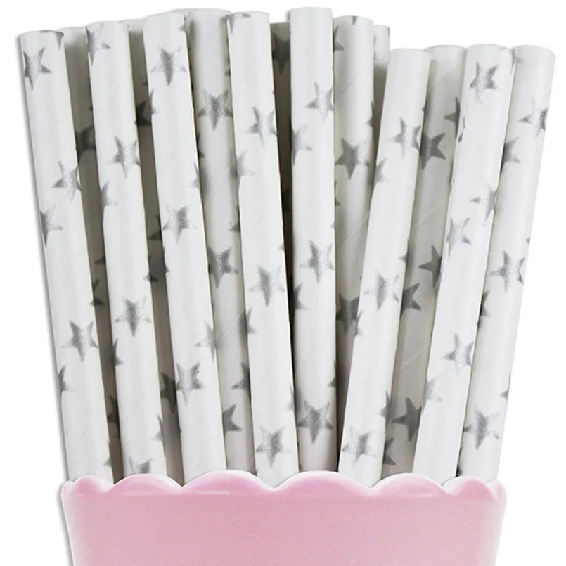 Biodegradable Silver Star Paper Straws, Wholesale Party Supplies, Cheap Printed Paper Drinking Straws, Cake Pop Sticks, 100 Pcs