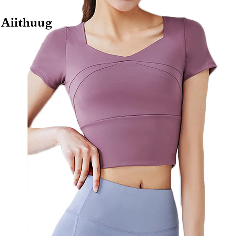 

Aiithuug Padded Cup Yoga Crop Top Yoga Short Sleeve Gym Tops Elastic Stretchy Gym Crops Fitness Workout Bra Sports Pilates Tops