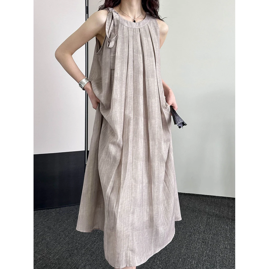 2024 New Women Summer Long Dress Elegant Loose Style Sleeveless Maxi Dress Women Sexy Pleated Dress Vestidos Femme