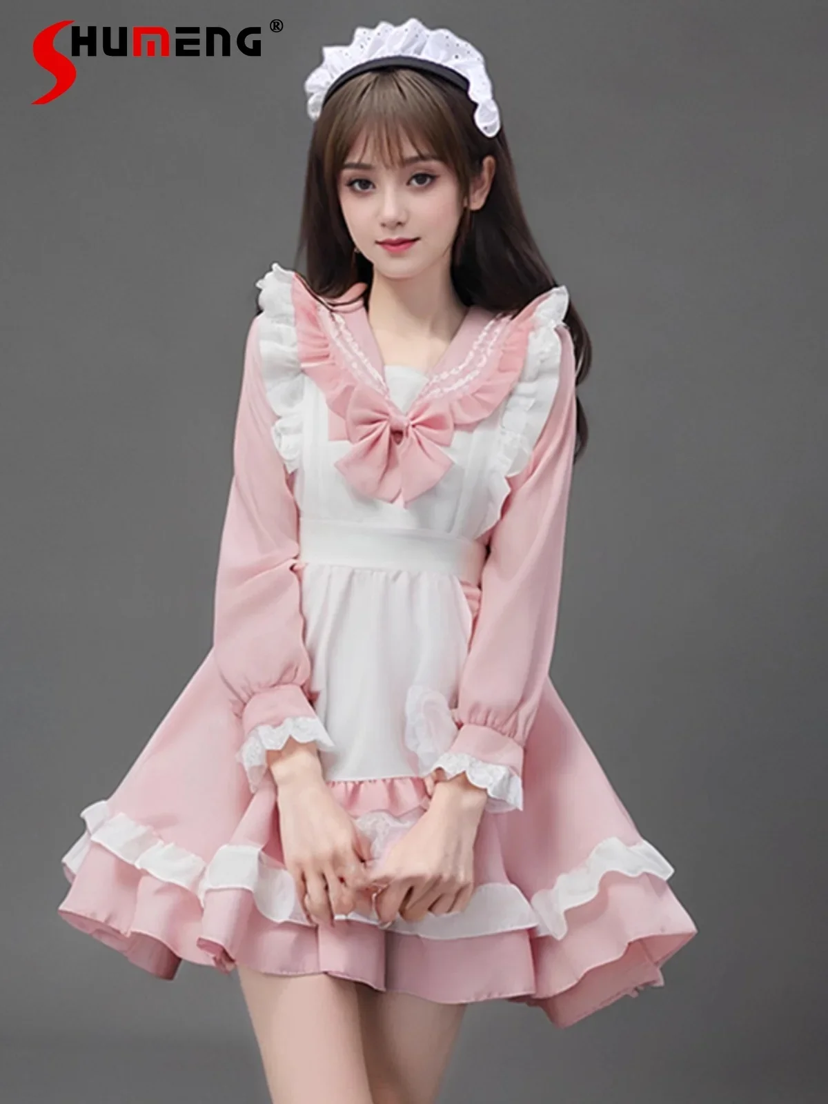 

Japanese Cute Sweet Daily Lolita Dress Set Sailor Collar Bow Flare Sleeve High Waist Slim Dress White Apron Two-piece Sets Women