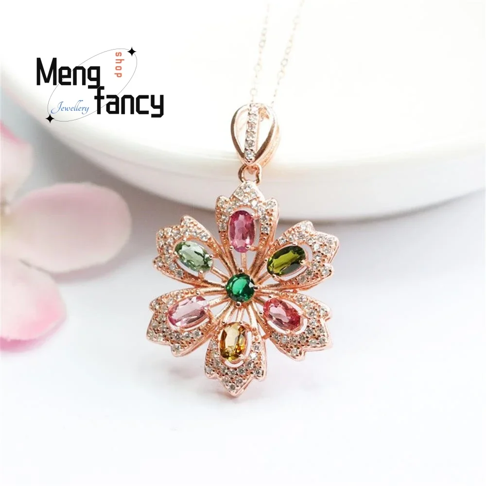 S925 Silver Natural Tourmaline Exquisite Elegant Simple High-grade Pendant Rainbow Colour Popular Fashion Jewellery Holiday Gift