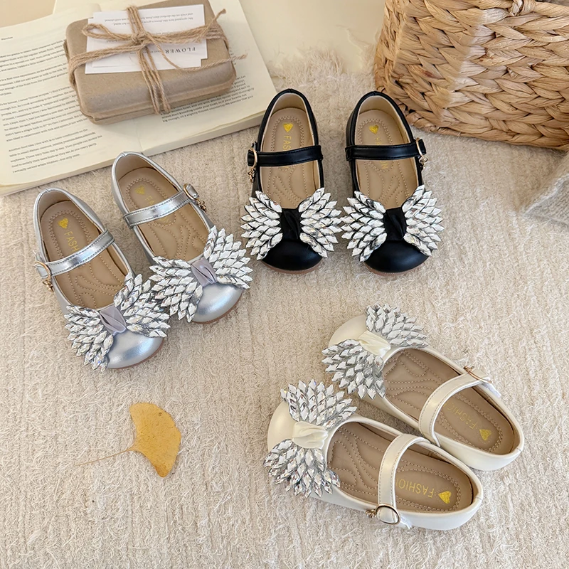 Princess Style Leather Shoes with Shiny Bow 2026 New Autumn Toddler Dress Shoes Non-slip Trendy Elegant Girls School Dance Flats