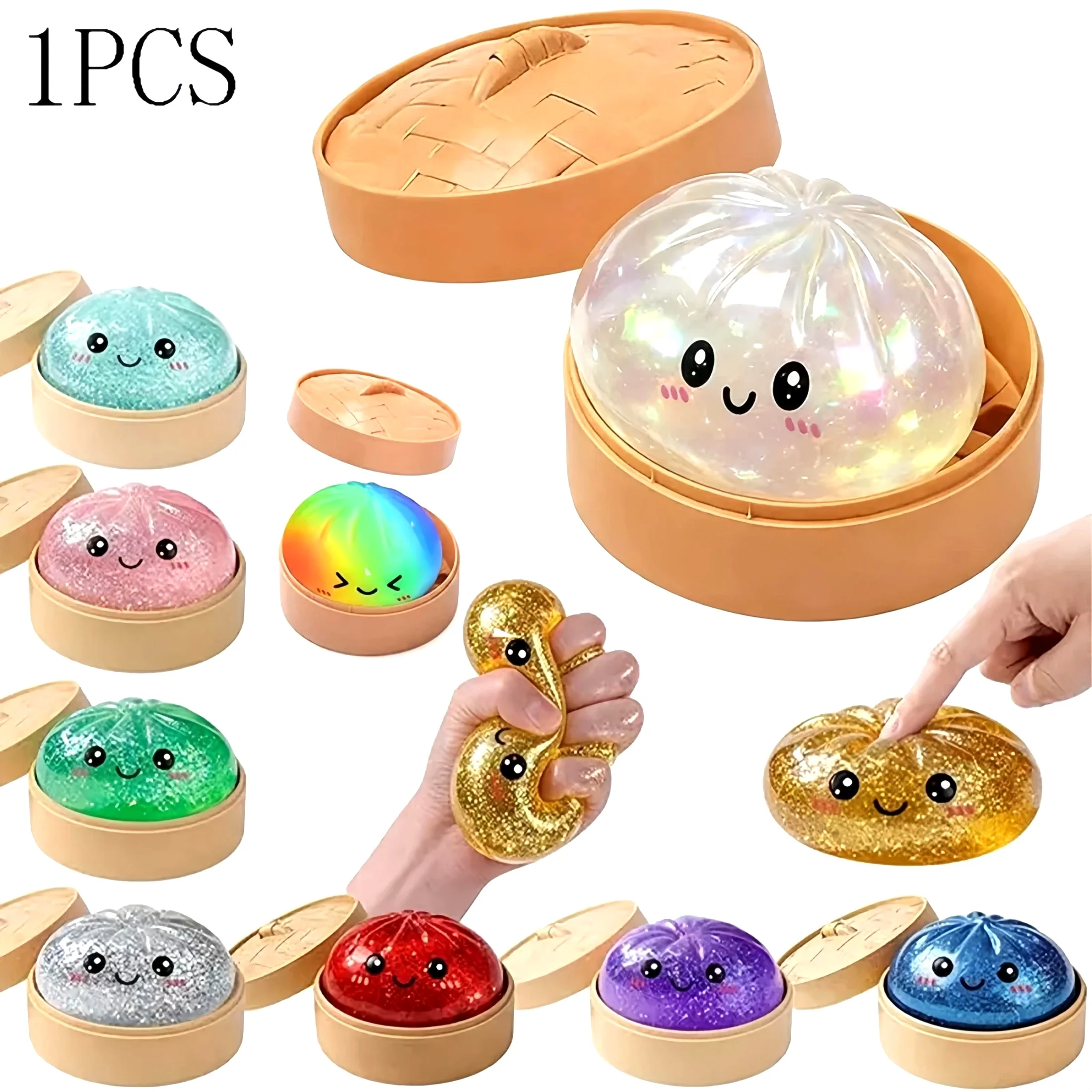 Wholesale Glitter Bun with Food Steamer Squishy Toy, Soft Stretchy Dumpling Bun Simulation Squeeze Dough Ball, Kawaii Desk Stress Relief Fidget Toy for Birthday Party