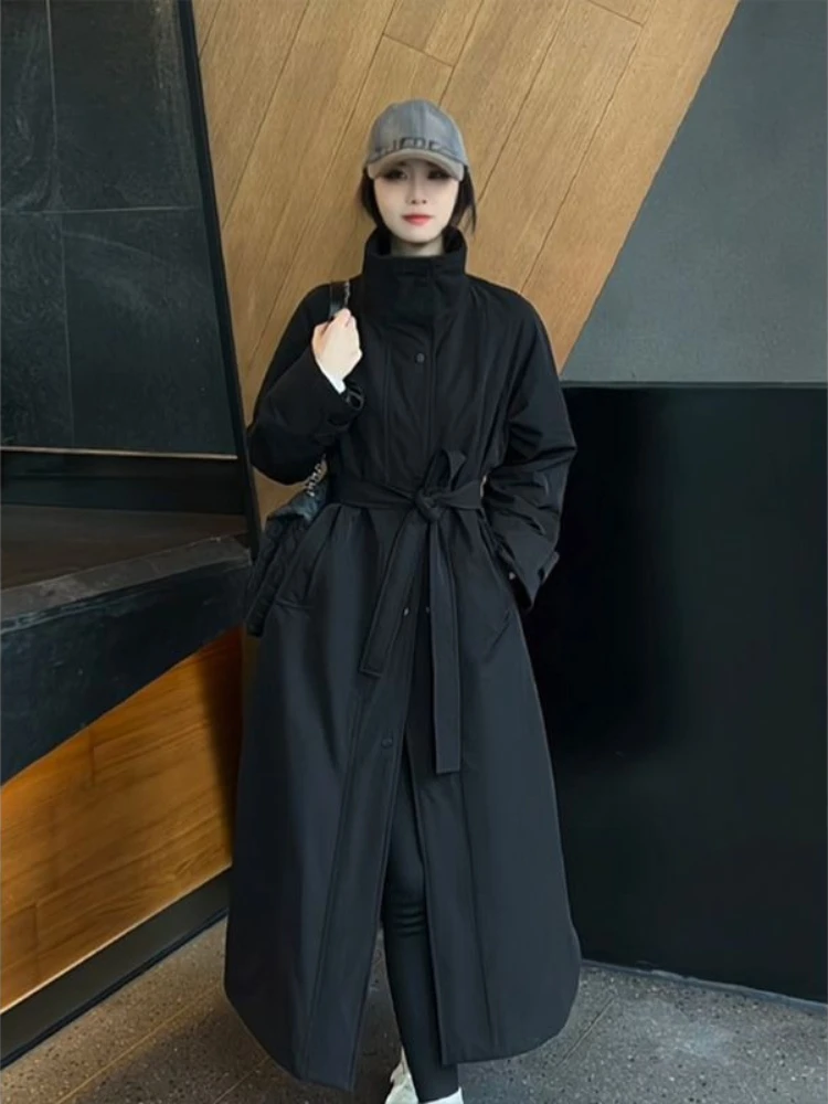 Women's Stand Collar Waist Belt Down Jacket Winter New Single Breasted Long Style Thickened Warm Casual Windbreaker Coat