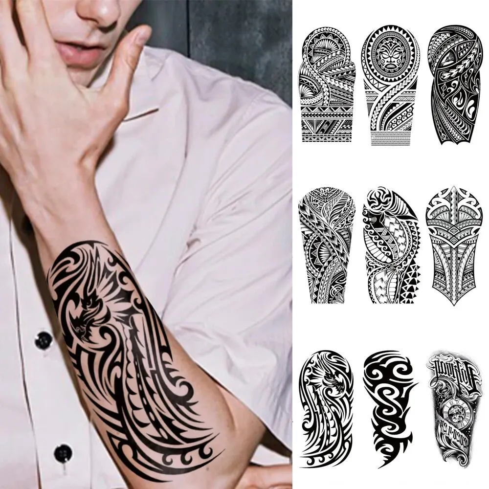 5pcs Waterproof Temporary Tattoo Sticker Mechanical Totem Black Maori Robot Soldier Body Art Arm Fake Tattoos Sleeve Women Men