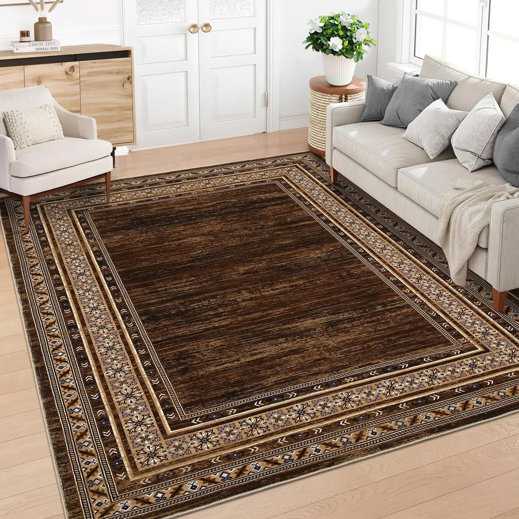 Area Rug 8x10 Washable Rug Brown Modern Living Room Rugs Soft Non Slip Throw Carpet Low Pile Bordered Contemporary Floor Cover for Bedroom Dining Room Foldable Thin Rugs