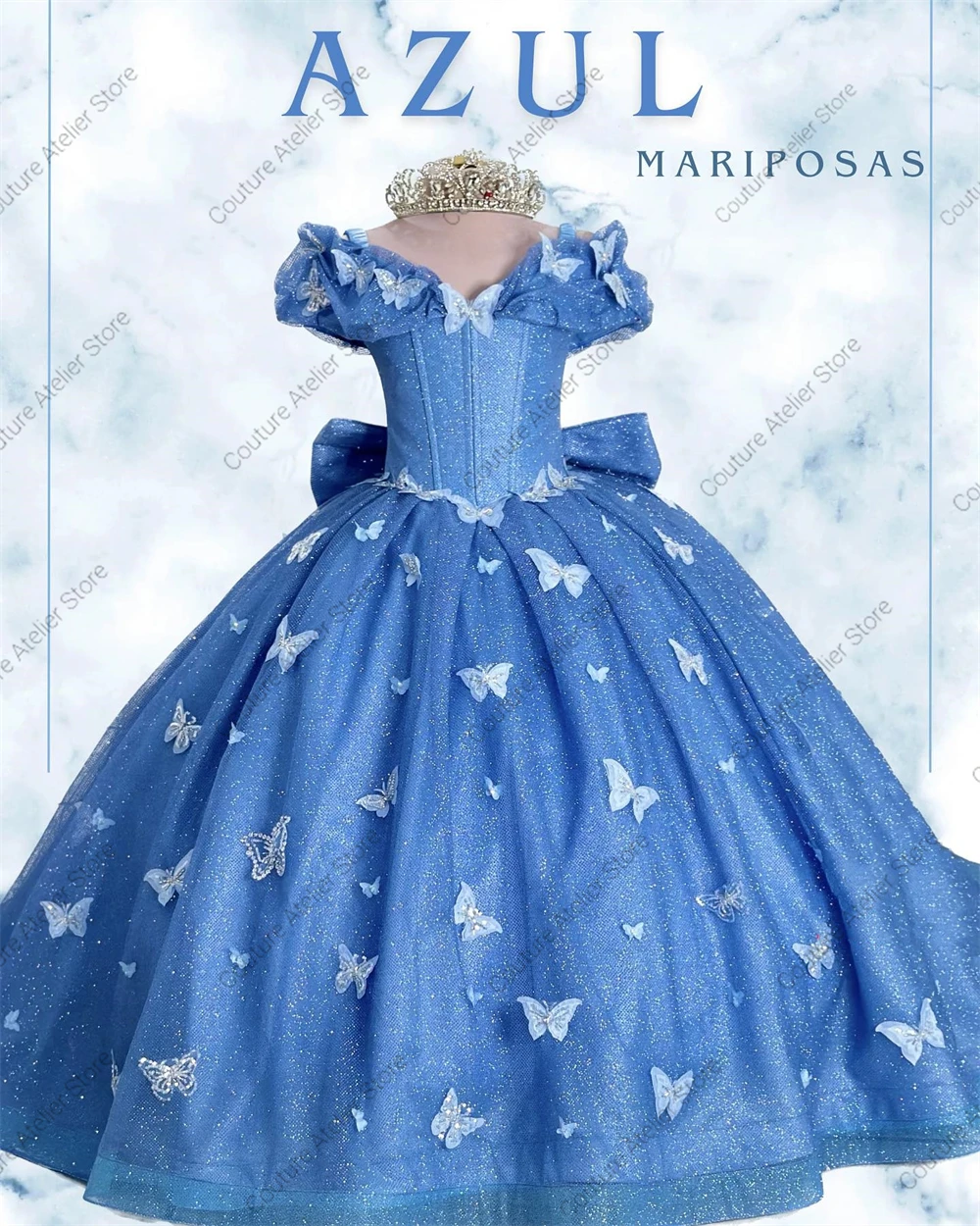 Vestidos de flores de encaje de lujo para niñas, vestidos azules con mariposas brillantes, boda con lazo, desfile, fiesta de cumpleaños