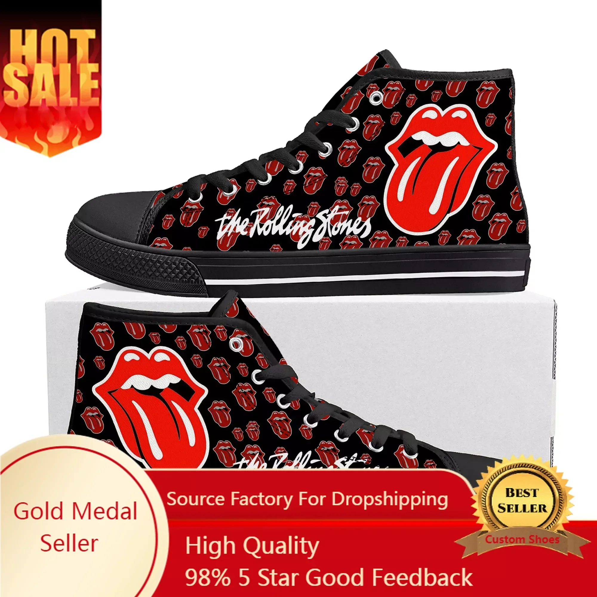 Rock Band The Roll Stone High Top Sneakers Mens Womens Teenager High Quality Canvas Sneaker Casual Couple Shoes Custom Shoe