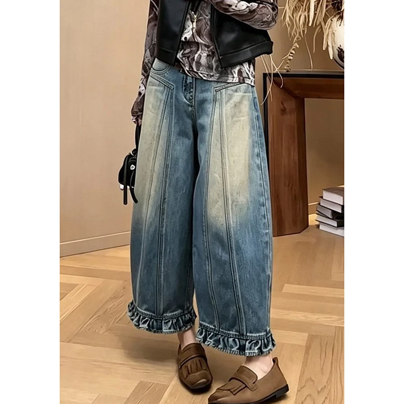 Casual Ruffles Hem Jeans Women Vintage Gradient Wash Loose Ankle Length Pant Autumn Streetwear High Waist Wide Leg Jeans New