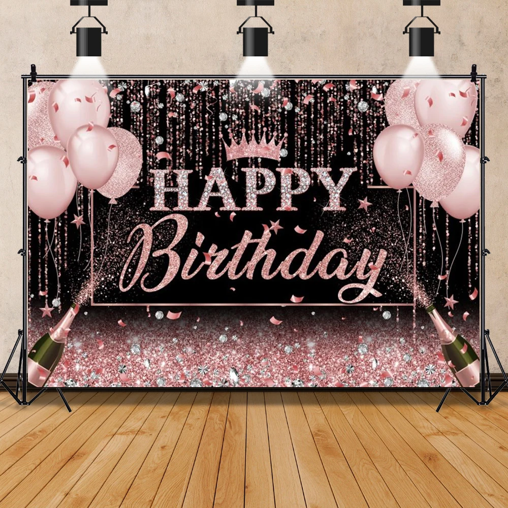 

Glitter Happy Birthday Backdrop For Photography Pink Balloon Champagne Girl Adult Birthday Party Decor Custom Photo Backgrounds