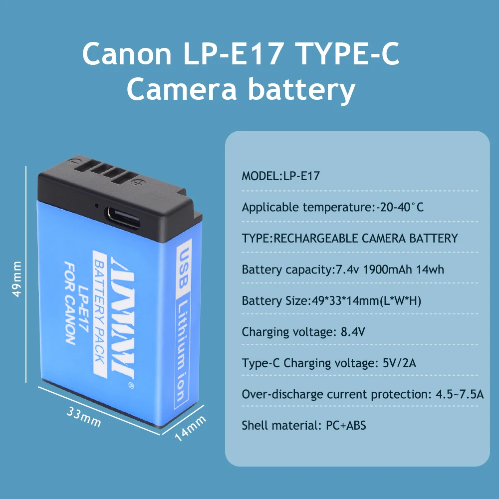 LP-E17 LPE17 LP E17 Camera Battery with Type-c Charging for Canon EOS R8 RP 200D 250D M3 M5 M6 750D 760D T6s 800D T8i