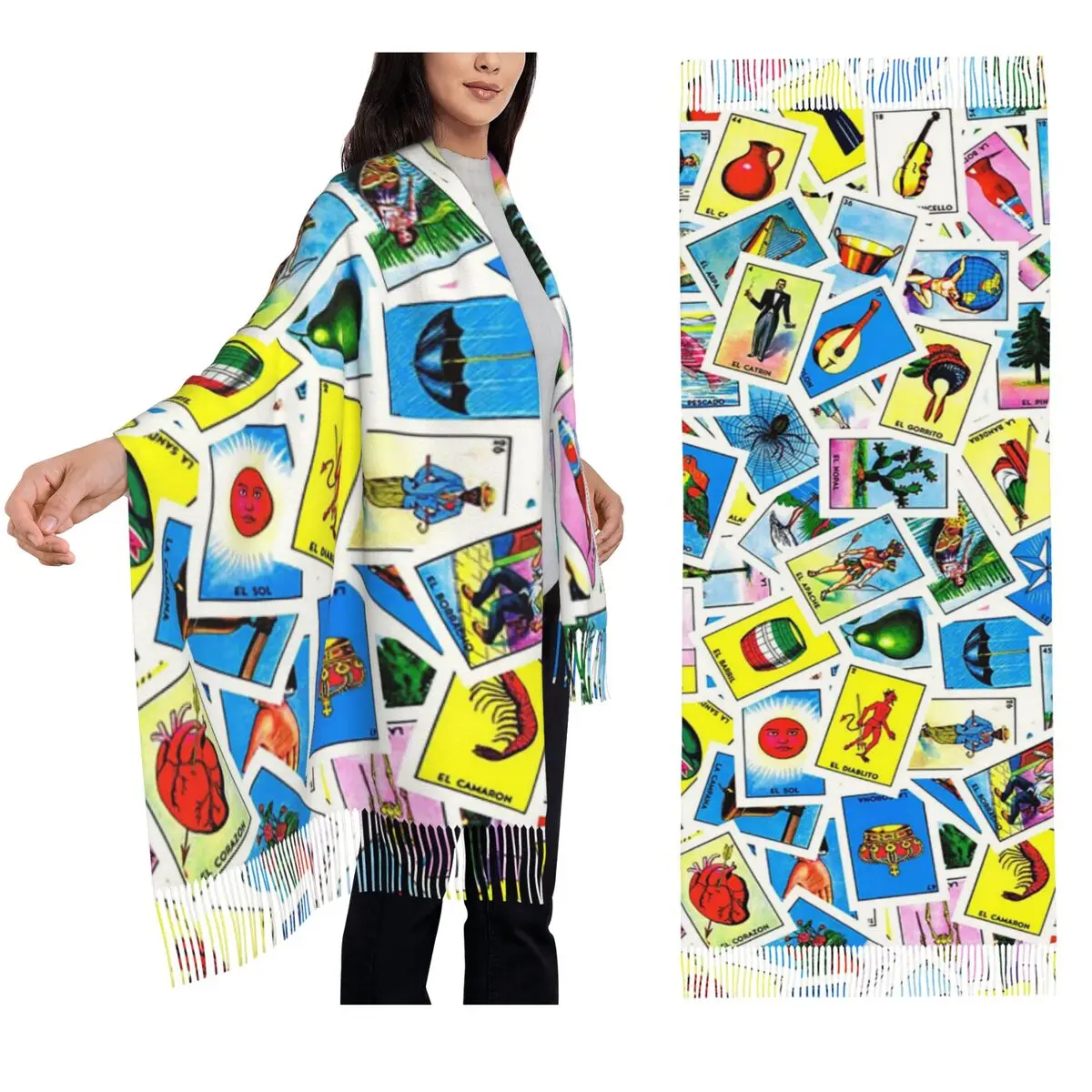 Colorful Mexican Loteria Cards Scarf Tassel Scarves for Women Soft Warm Shawls and Wraps Long Fall Winter Shawl Wrap