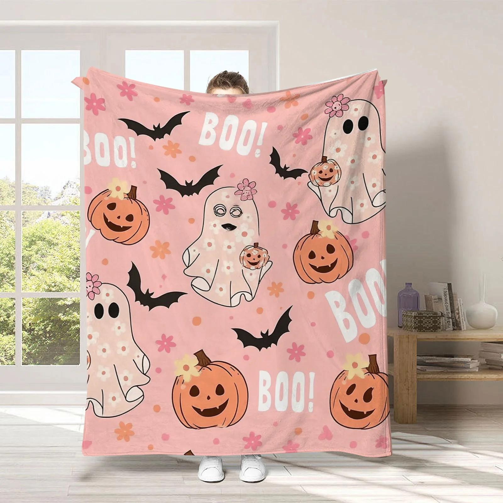 Gruselige schwarze Halloween-Flanelldecke mit Geistern, weiche Universaldecke, multifunktionale Dekorationsdecke, Weihnachtsgeschenk – Detail 11