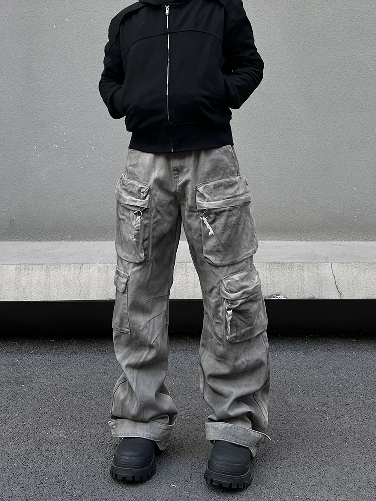 

Мужские повседневные брюки в американском винтажном стиле: потертые джинсы свободного прямого кроя с множеством карманов, широкие штаны в рабочем стиле