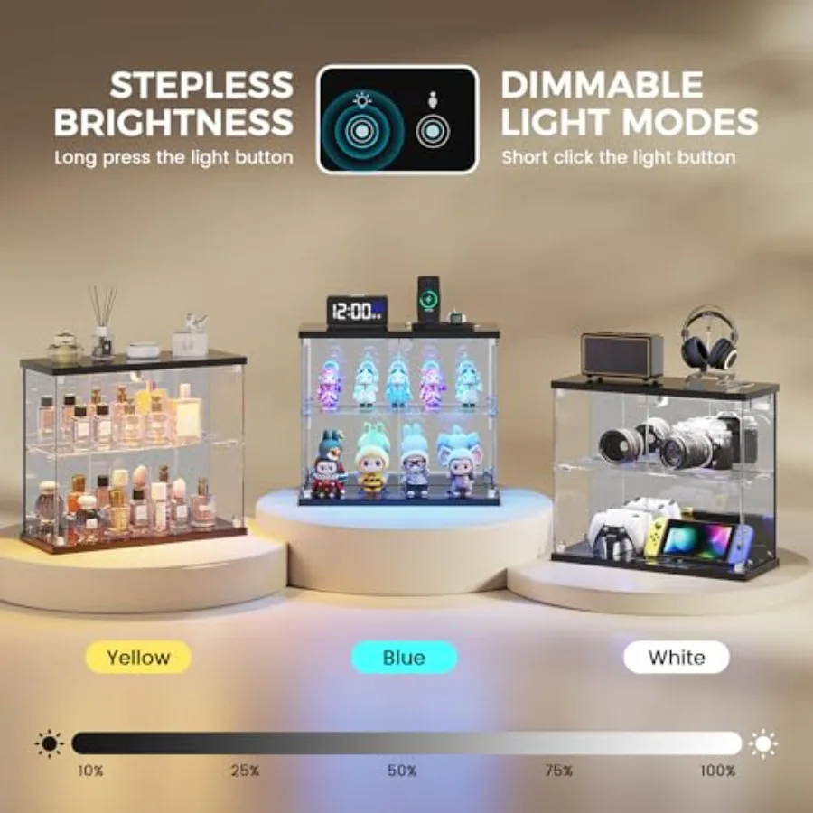 2pc Glass Display Case with LED Lights for Collectible Figures: Clear Tempered Glass, Black Frame, Adjustable Shelves, Soft Glo view 6