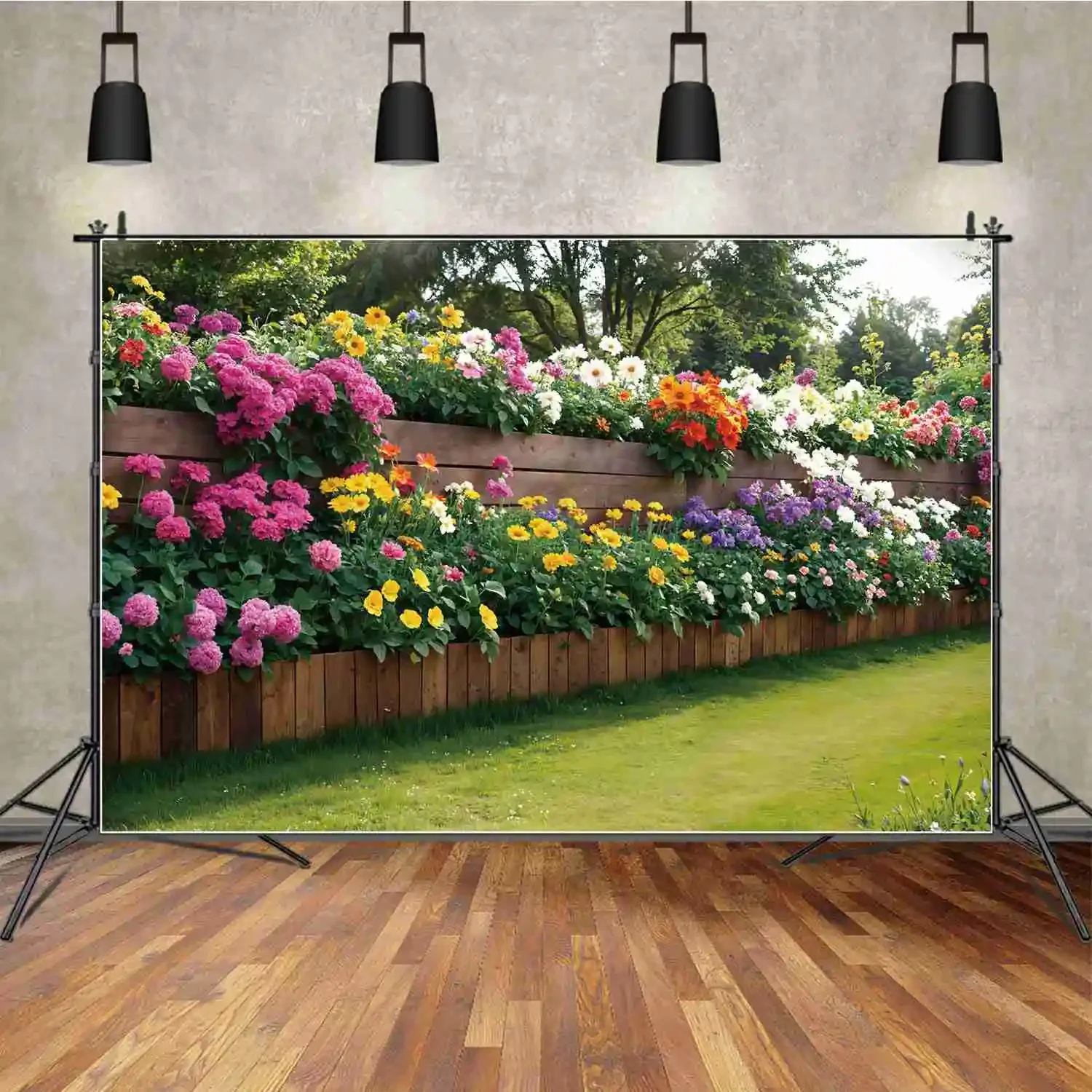 

Spring Blossom Flowers Garden Backdrops Photography Wooden Wall Green Grassland Scenery Custom Children Photo Backgrounds