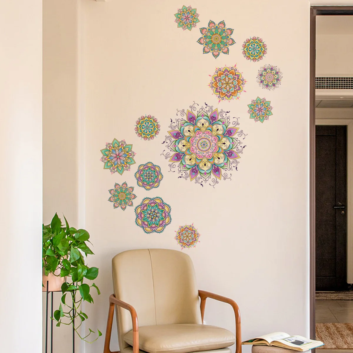 Multicolour Mandala Lotus Flower Vinyl Wall Stickers Datura Decor Decal Bohemian Style Yoga Meditating Sticker Living Room
