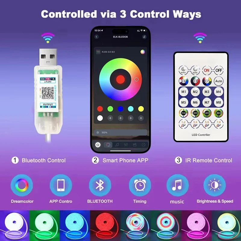 5V Dream Color RGBIC Neon LED Strip USB Powered Bluetooth APP Music Sync Rope Light for Party, Christmas, Bedroom Ambient Lamp