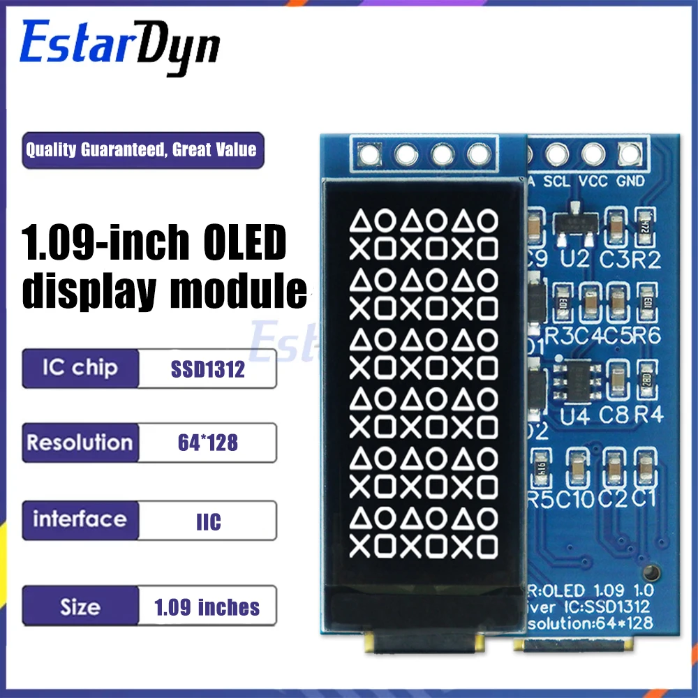 1.09 Inch OLED Display Module 128x64 White SSD1312 I2C, 4 Pin Interface for Arduino Raspberry Pi, Low Power Wide View