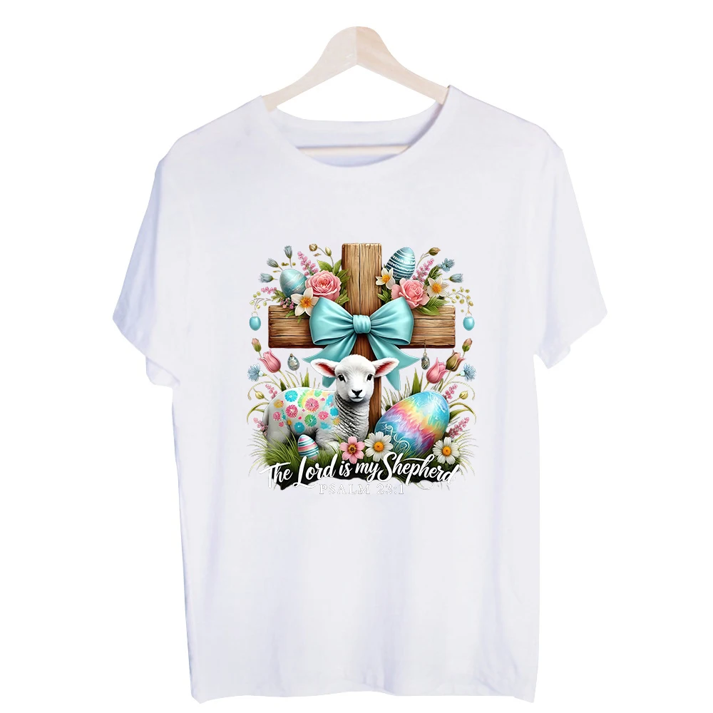 Women's Lamb and Cross Graphic Tee, Easter-Inspired Short Sleeve T-Shirt for Spring Celebrations and Casual Wear