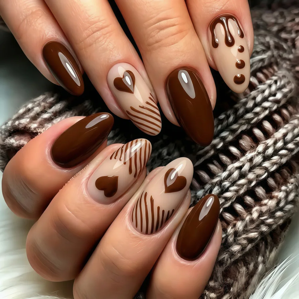 24pcs/set fake nails for women girls chocolate red heart des
