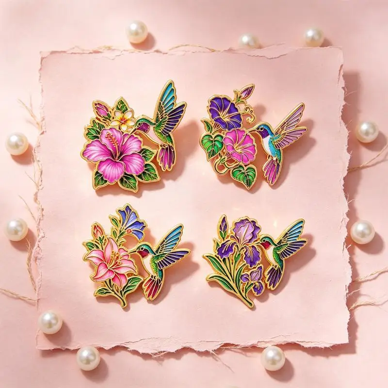 1/4Pcs Women's Brooches Collar Lapel Pins Hummingbird Flower Enamel Pin Set Cute Bird Brooch For Coat Metal Badges Jewelry Gift