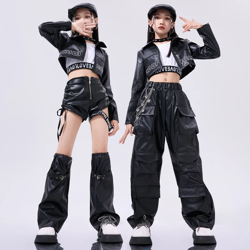 Cool Girls Hip Hop Dance Costume Black Leather Short Jacket Pants Kids Modern Jazz Performance Clothes Stage Outfit Rave BL13719