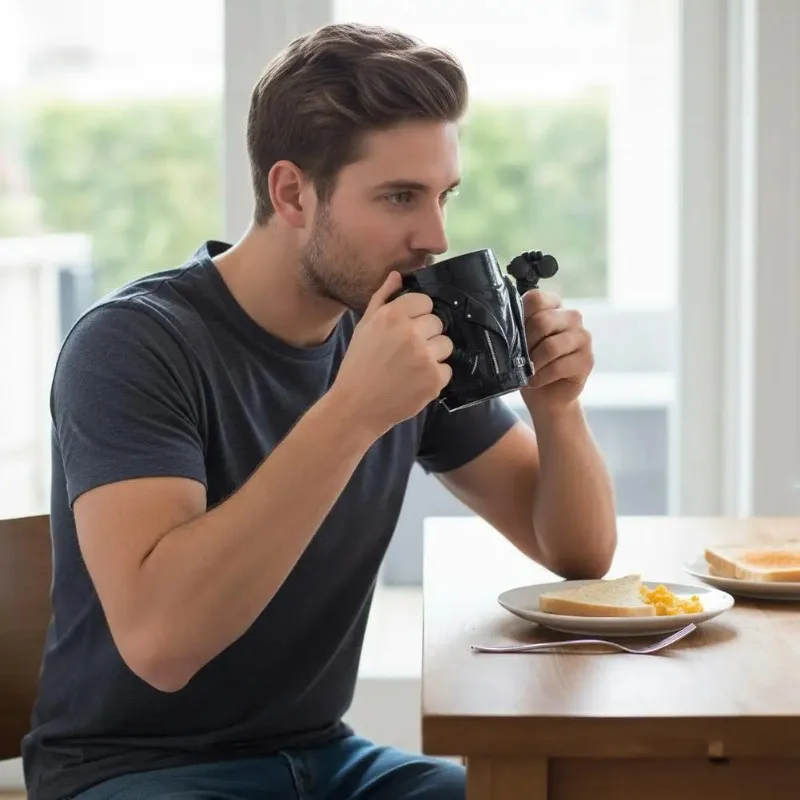 Men's Cool Motorcycle Design Biker Jacket Coffee Mug - Ergonomic Cup with Handle for Milk Or Coffee