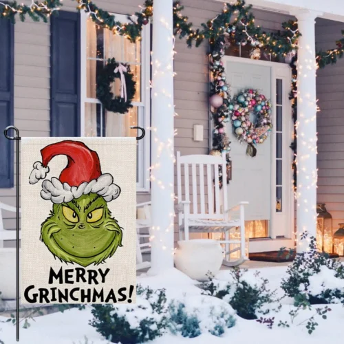 عيد ميلاد سعيد Grinchmas حديقة العلم الخيش 12X18 مزدوجة الجوانب، الشتاء عيد الميلاد الديكور #4