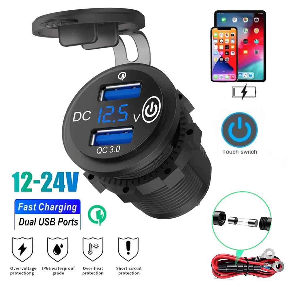 12-24V QC3.0 Car Fast Charging Charger Dual USB with Voltmeter Digital Display Touch Switch Car Quicker Charger