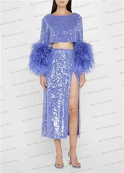 Conjunto de traje de falda de pluma de avestruz para mujer, Blazer + vestido de graduación Midi dividido, chaqueta de esmoquin de boda de lentejuelas de lujo hecha a medida, otoño