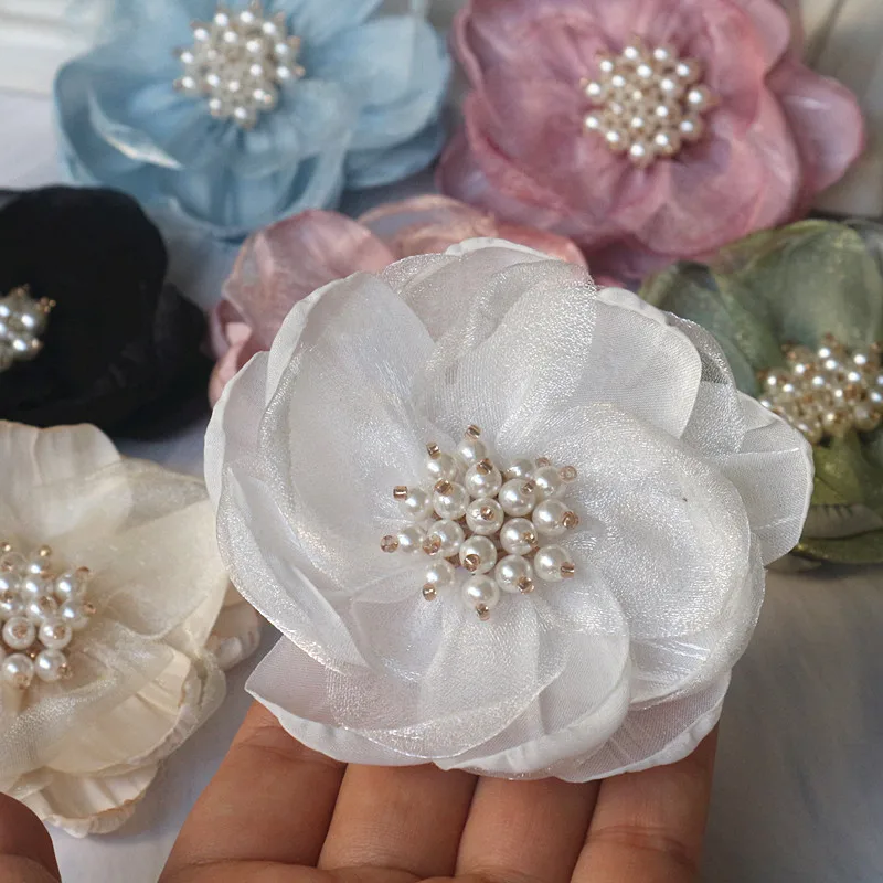 5PCS 7.5CM Chiffon Organza Fabric Rose Flower With Beads Center Wedding Dress Skirt Home Hat Decoration DIY Hair Accessories