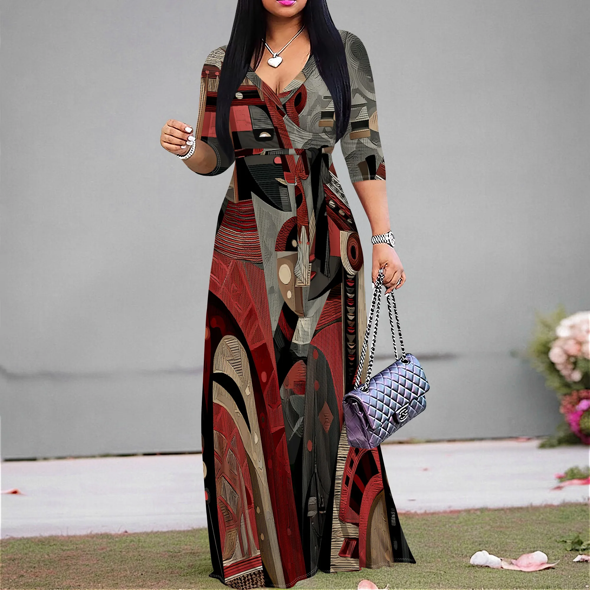 

Tribal Art Print Maxi Dress for Women S-3XL Long Sleeve Wrap Style for Afro Festival, Museum Visit or Cultural Events