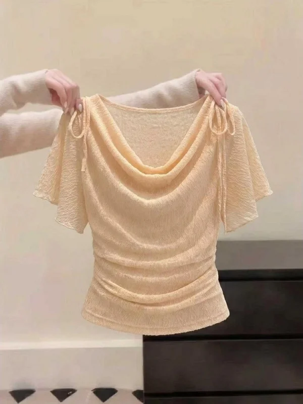 French Style Slim Fit Short Sleeve T-Shirt Women's Chic Top  Knot Waist Cinching Bateau Neck Transparent Element