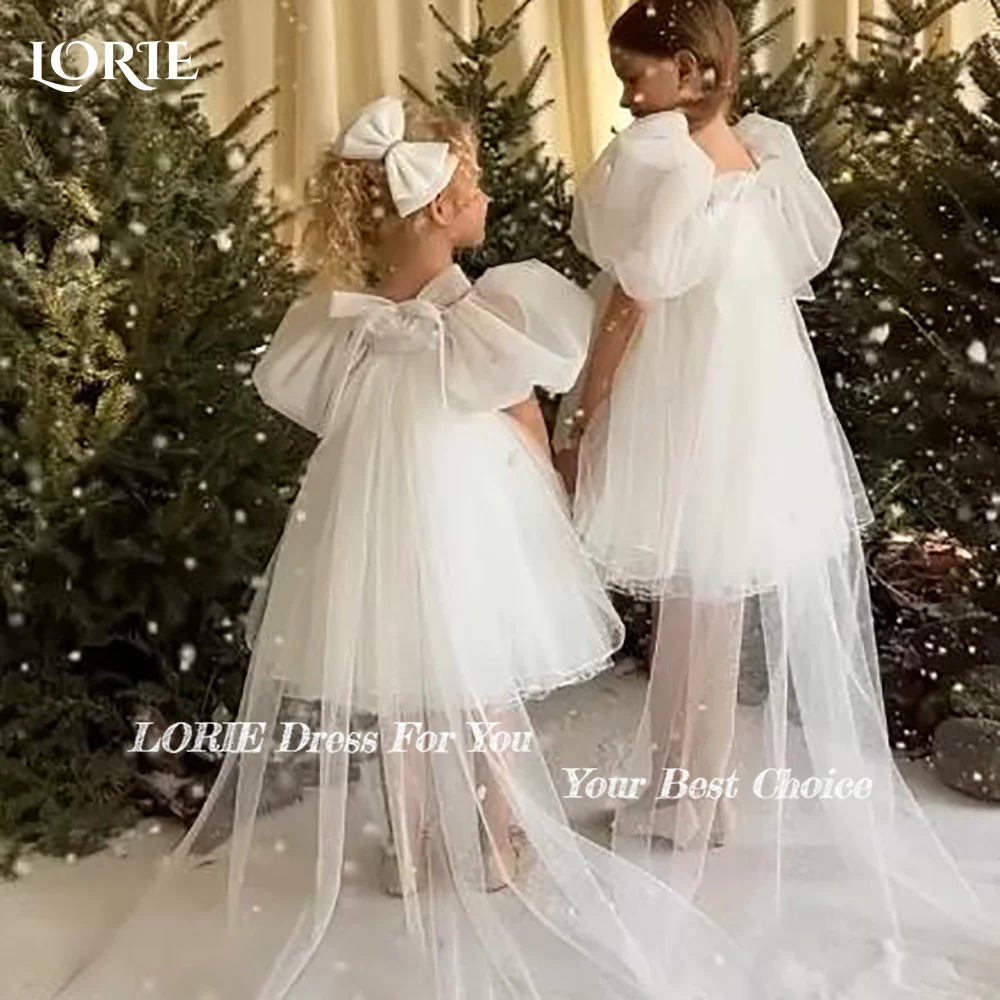 

LORIE Girl Peony Lace Back A-Line Puff Sleeeve Straight Tutu Tulle Party Flower Girl Dress Csustomized Flowers Girls Dress