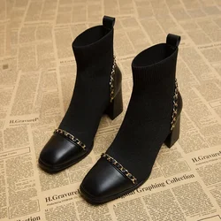 Autumn Women Knit Ankle Boots Fashion Slip On Slimming Short Booties Autumn Winter Female Thick Heel Shoes