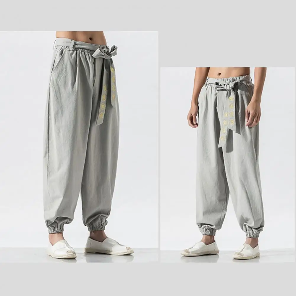 

Chinese Style Trousers Retro Chinese Style Embroidered Men's Harem Pants with Elastic Waist Belt Loose Pleated Solid Color