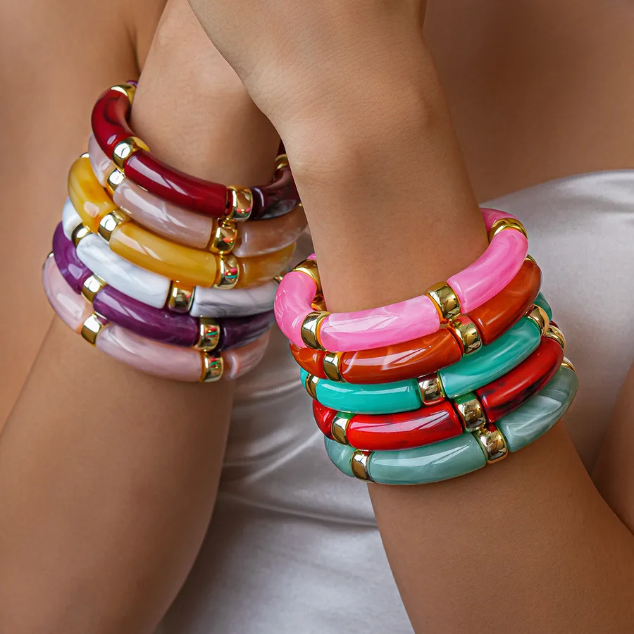 Multi-style Leopard Print Bamboo Tube Acrylic Stretchy Bracelets for Women Men Retro Resin Beaded Bangles Stack Jewelry Gift K1 image 3